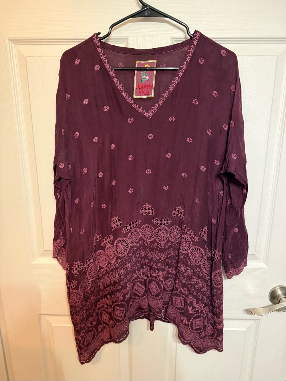 Johnny Was Boho Embroidered V-Neck Tunic Top - Plum